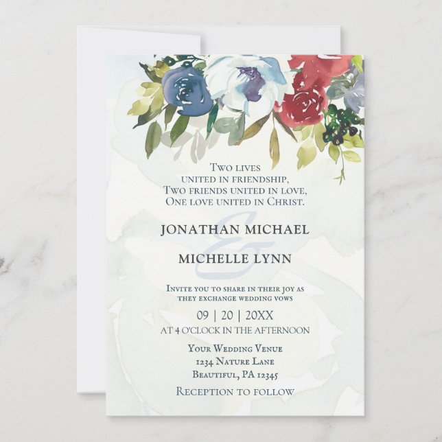 Red White Blue Floral Greenery Christian Wedding Invitation (Front)