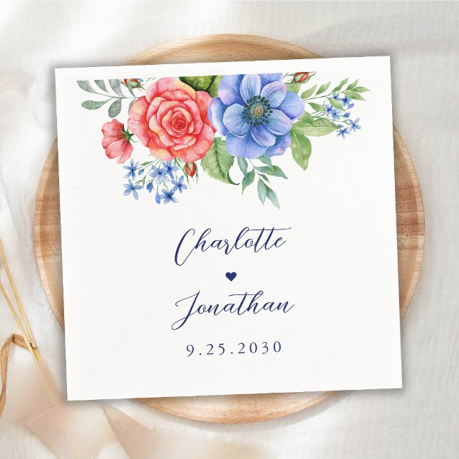 Red White Blue Floral Monogram Patriotic Wedding Napkin (Creator Uploaded)