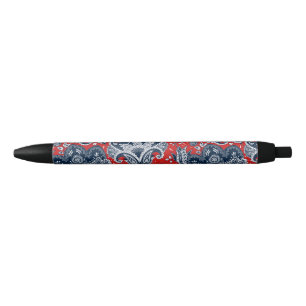 Red White & Blue Floral Paisley Bohemian Boho Black Ink Pen
