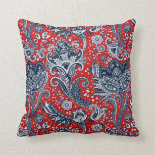 Red White & Blue Floral Paisley Bohemian Boho Cushion