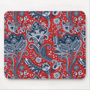 Red White & Blue Floral Paisley Bohemian Boho Mouse Pad