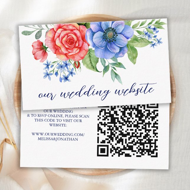 Red White Blue Floral Patriotic Wedding QR Code Enclosure Card (Creator Uploaded)