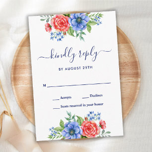 Red White Blue Floral Patriotic Wedding RSVP Card