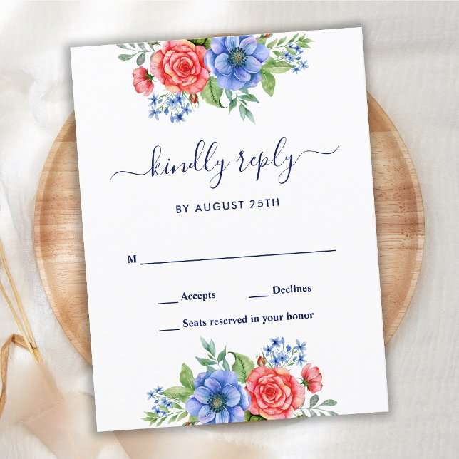 Red White Blue Floral Patriotic Wedding RSVP  Invitation Postcard (Creator Uploaded)