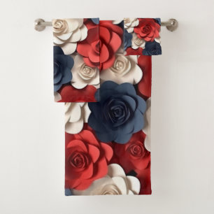 Red White Blue Floral Pattern Flower Garden Bath Towel Set