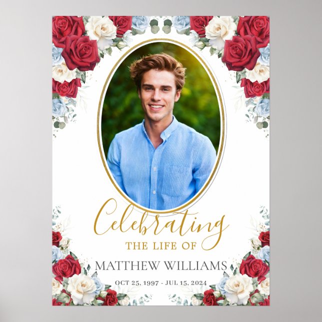 Red White Blue Floral Picture Funeral Memorial Poster (Front)