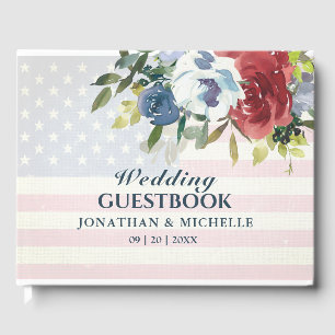 Red White Blue Floral USA Flag Watercolor Wedding Guest Book