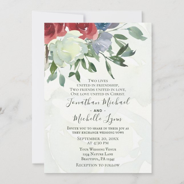 Red White Blue Floral Watercolor Christian Wedding Invitation (Front)