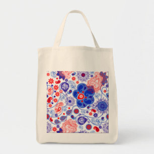 RED, WHITE, BLUE FLOWER DESIGNER SHOPPING TOTE