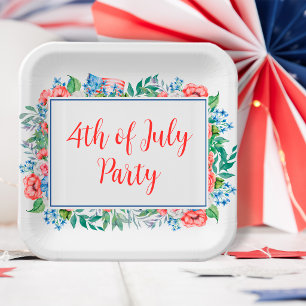 Red White Blue Flowers 4th Of July Party Patriotic Paper Plate