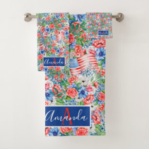 Red White Blue Flowers Monogram Name 4th Of July Bath Towel Set