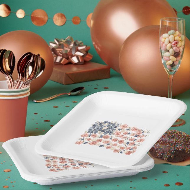 Red White Blue Flowers Paper Plate (Multi)