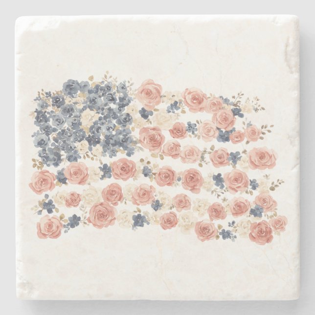 Red White Blue Flowers Stone Coaster (Front)