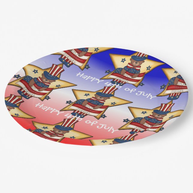 Red White & Blue Fourth Of July Bear Paper Plates (Angled)