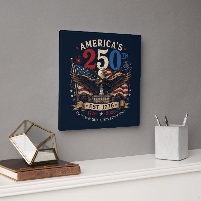 Red White Blue Fourth Of July Square Wall Clock (Office)