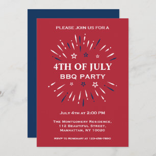 Red White Blue Fun Fireworks 4th Of July BBQ Party Invitation