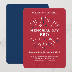 Red White Blue Fun Fireworks Memorial Day BBQ Invitation