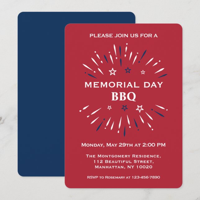 Red White Blue Fun Fireworks Memorial Day BBQ Invitation (Front/Back)