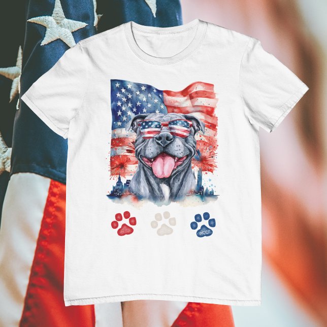 Red White Blue Funny Grey Pitbull Dog 4th of July T-Shirt (Creator Uploaded)