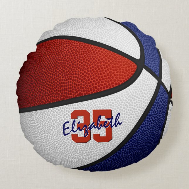 red white blue girls boys sporty basketball round cushion (Front)