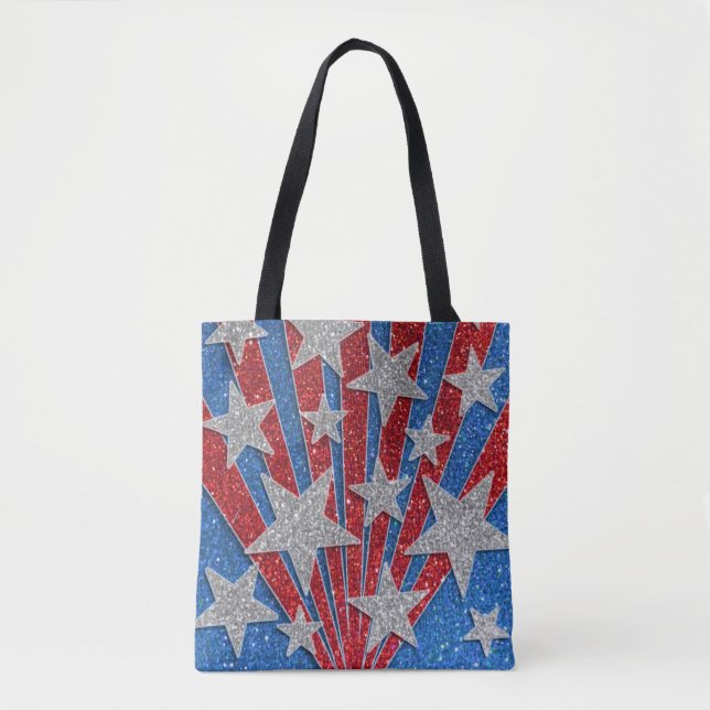 Red White Blue Glitter American Flag Stars Stripes Tote Bag (Front)