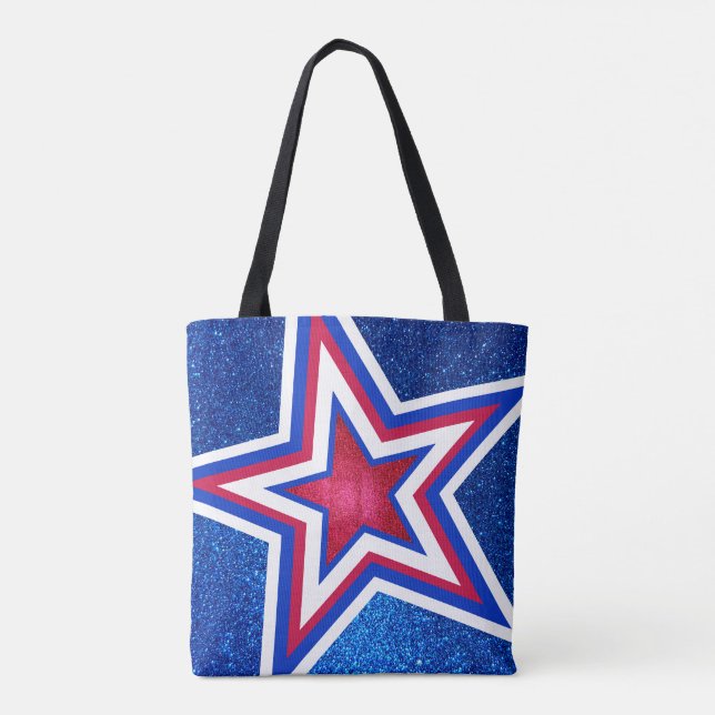 Red White Blue Glitter American Stars and Stripes Tote Bag (Back)
