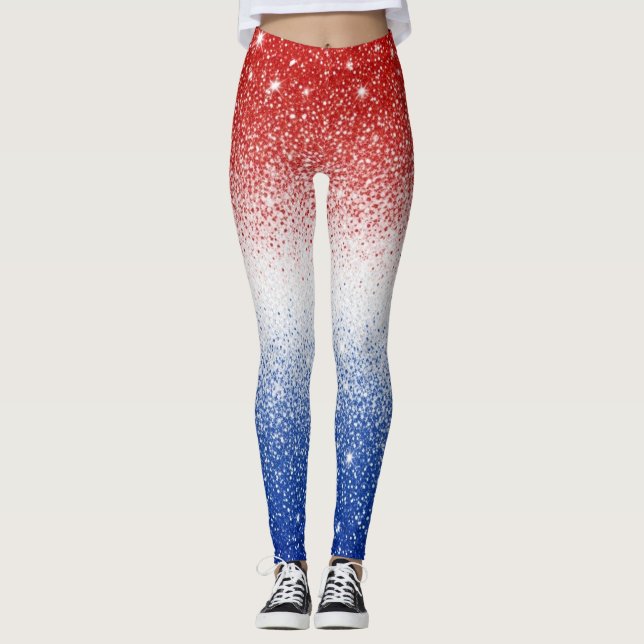 Red White Blue Glitter Gradient Patriotic Day Leggings (Front)