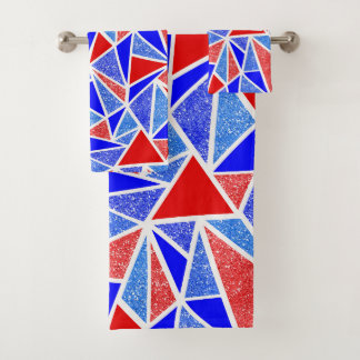 RED WHITE BLUE GLITTER LOOK GEOMETRIC PATTERNS BATH TOWEL SET