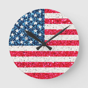 Red White Blue Glitter Patriotic American USA Flag Round Clock