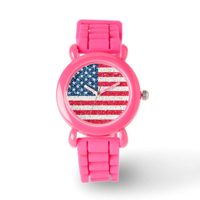 Red White Blue Glitter Patriotic American USA Flag Watch (Front)