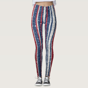 Red White Blue Glitter Stripes Trendy Yoga Pant