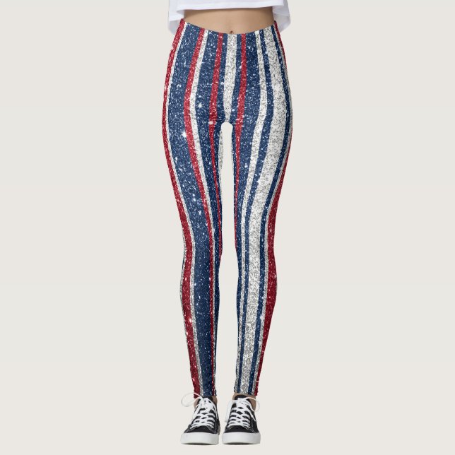 Red White Blue Glitter Stripes Trendy Yoga Pant (Front)