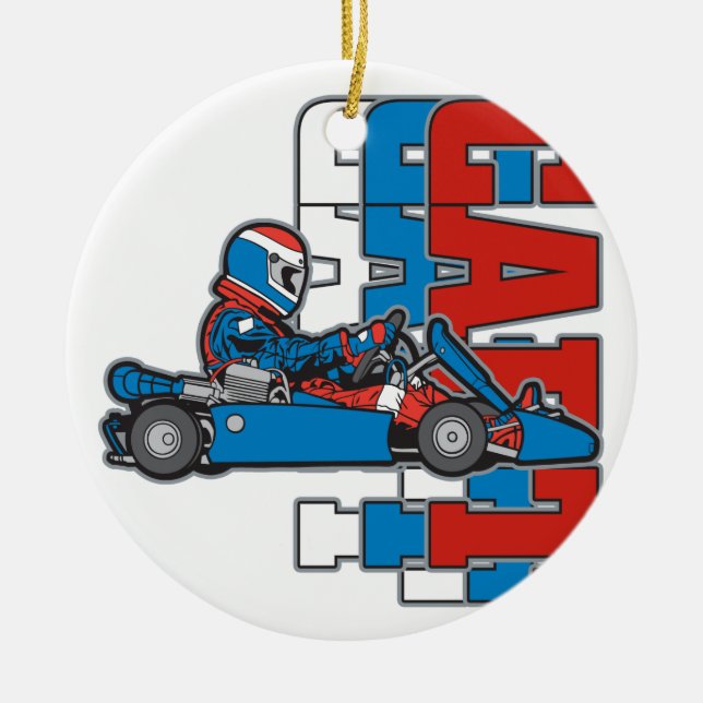 Red, White Blue Go Cart Ceramic Tree Decoration (Front)