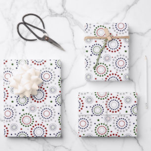 Red White Blue Green Grey Star Circles Wrapping Paper Sheet