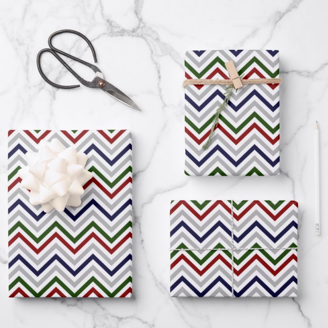 Red White Blue Green Grey Zig Zag Wrapping Paper Sheet (Front)