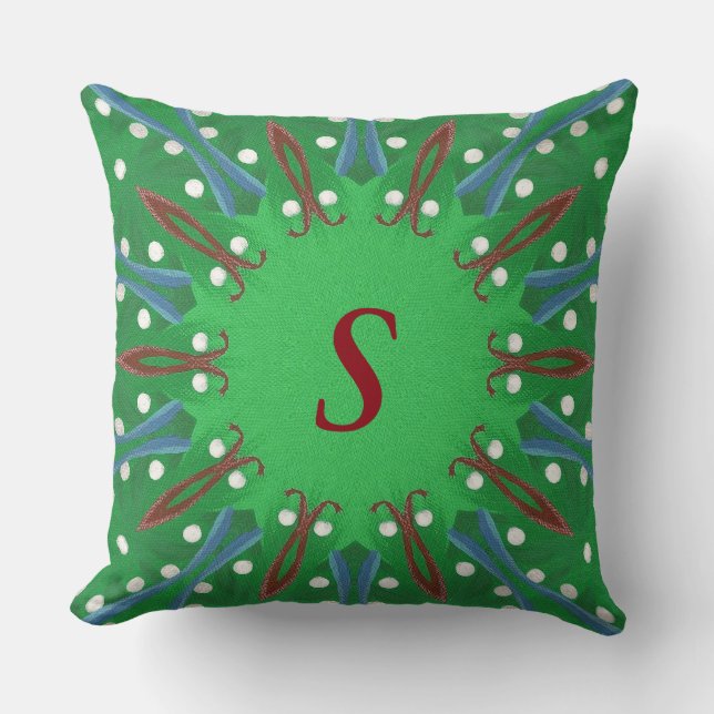 Red White Blue Green Monogram Christmas Pillows (Front)