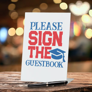 Red, White & Blue Guestbook Graduation Table Pedestal Sign