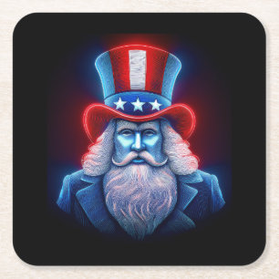 Red White Blue Hologram Of USA Uncle Sam Square Paper Coaster