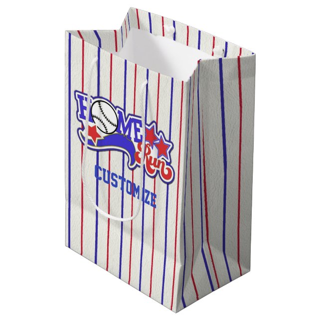 Red White & Blue Home Run Baseball Striped Medium Gift Bag (Front Angled)