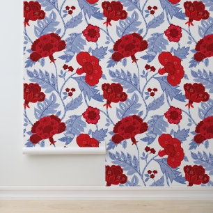 Red, White & Blue Indian Floral Pattern Wallpaper