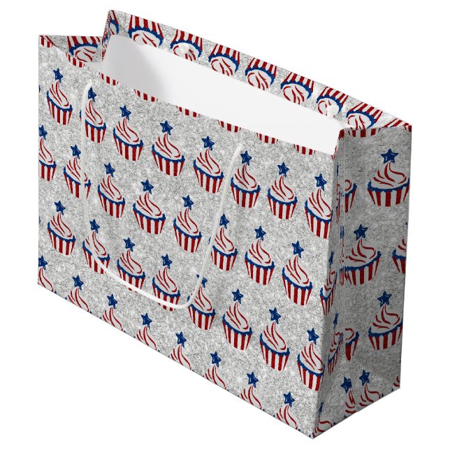 Red, White, Blue July 4 Cupcake Glitter Large Gift Bag (Front Angled)