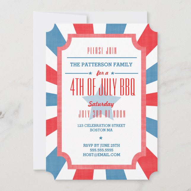 Red White + Blue July 4th BBQ Party Invitation (Front)