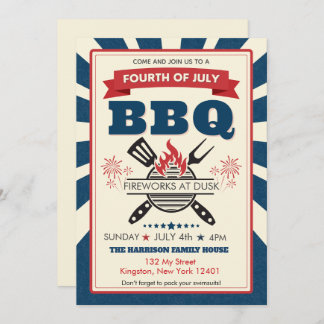 Red White Blue July 4th Party BBQ Celebration Invitation