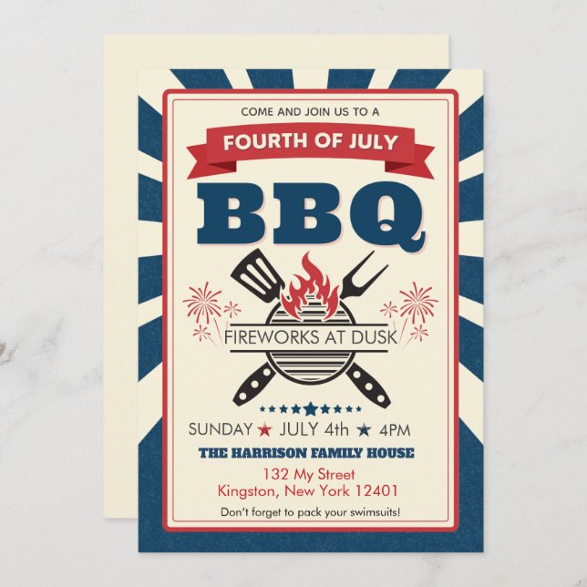 Red White Blue July 4th Party BBQ Celebration Invitation (Front/Back)