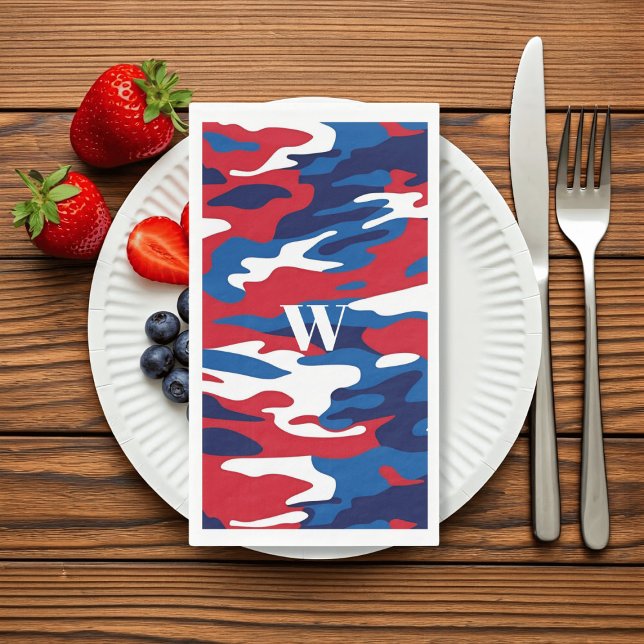 Red White Blue Monogram Patriotic Camo Napkin (Here's some camo paper guest towels just for you in the colors of red, white and blue.)