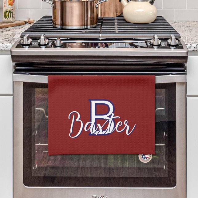 Red White & Blue Name and Monogram Personalised Tea Towel (Red White & Blue Name and Monogram Personalized Kitchen Towel
)