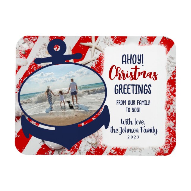Red, White, & Blue Nautical Anchor Ahoy Christmas Magnet (Horizontal)