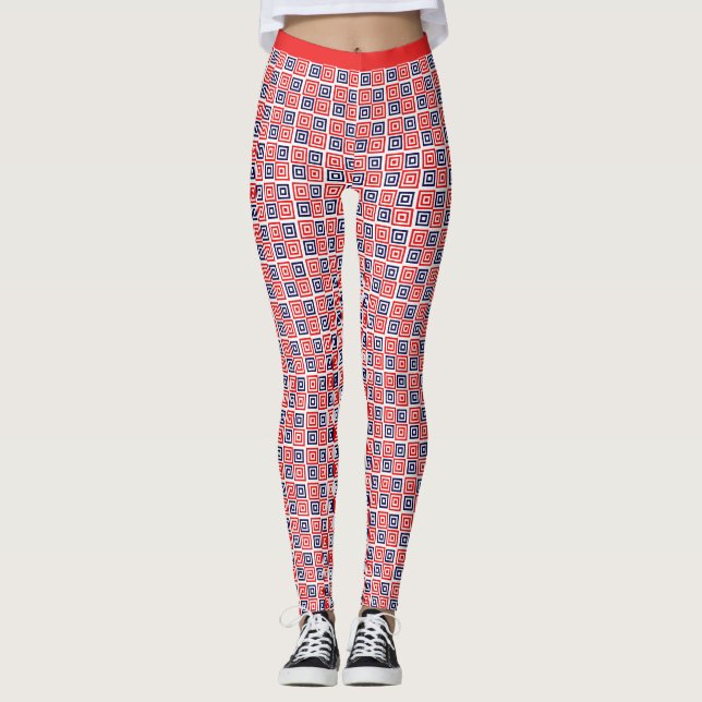 Red White Blue Nested Squares Pattern Fitness Leggings (Front)