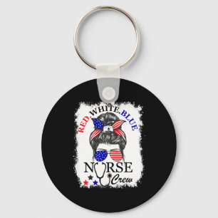 Red White Blue Nurse Crew Messy Bun 4th Of July  Key Ring