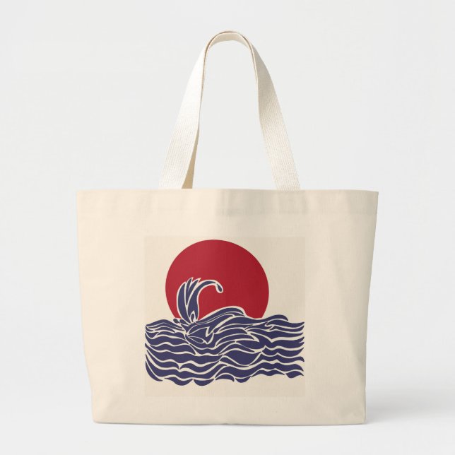 Red, white, & blue ocean sunset & waves large tote bag (Front)